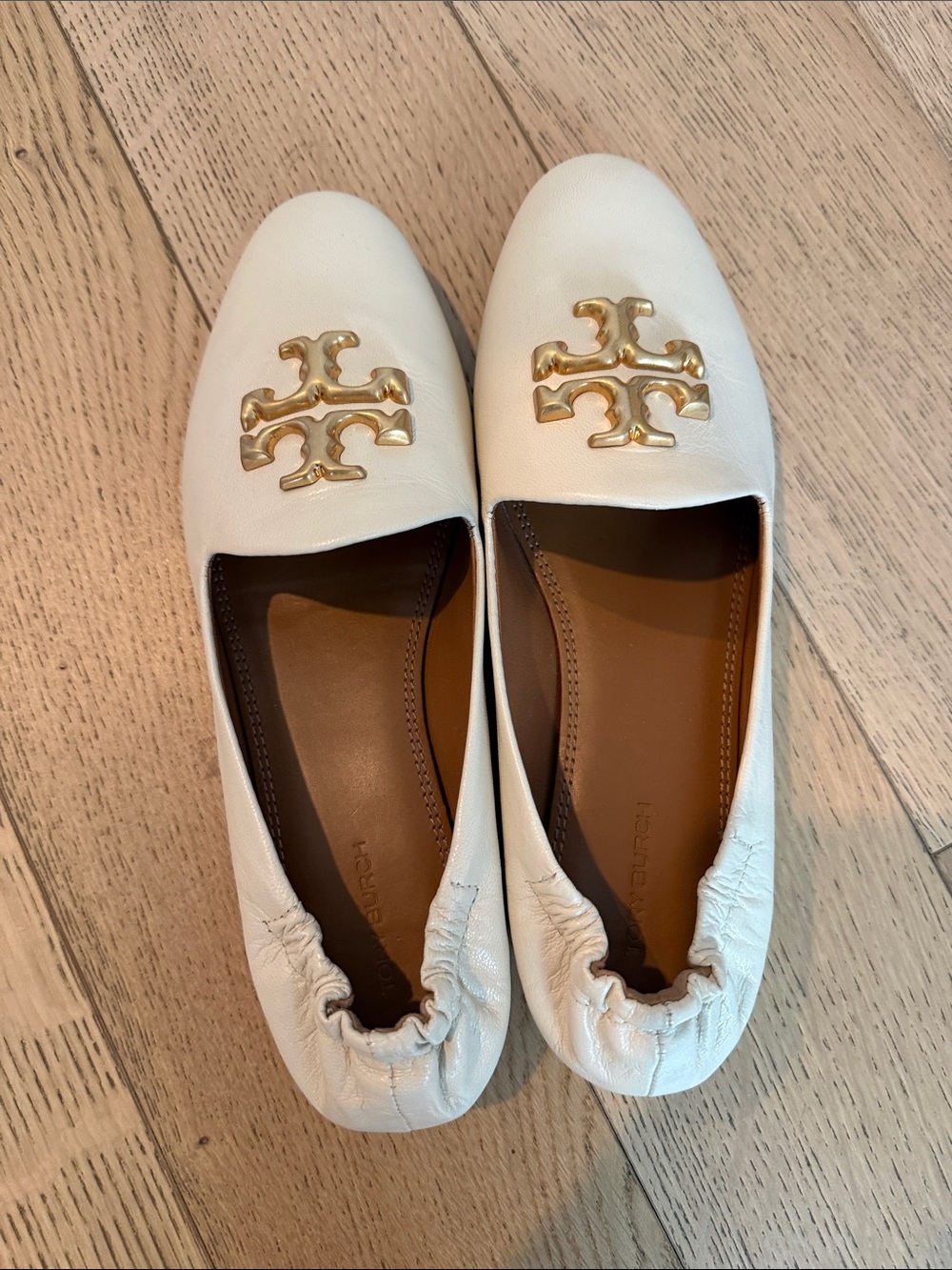 Tory Burch White Leather Logo Ballet Flats with Gold Emblem